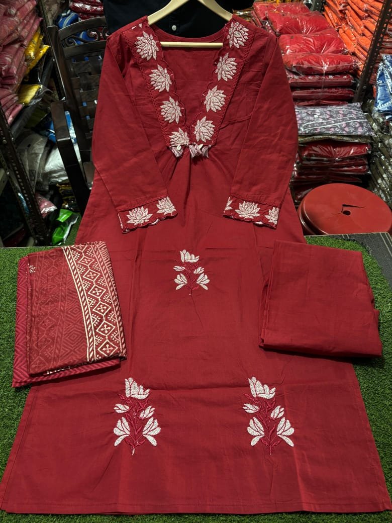 Maroon Designer Cotton Suit Set with Dupatta